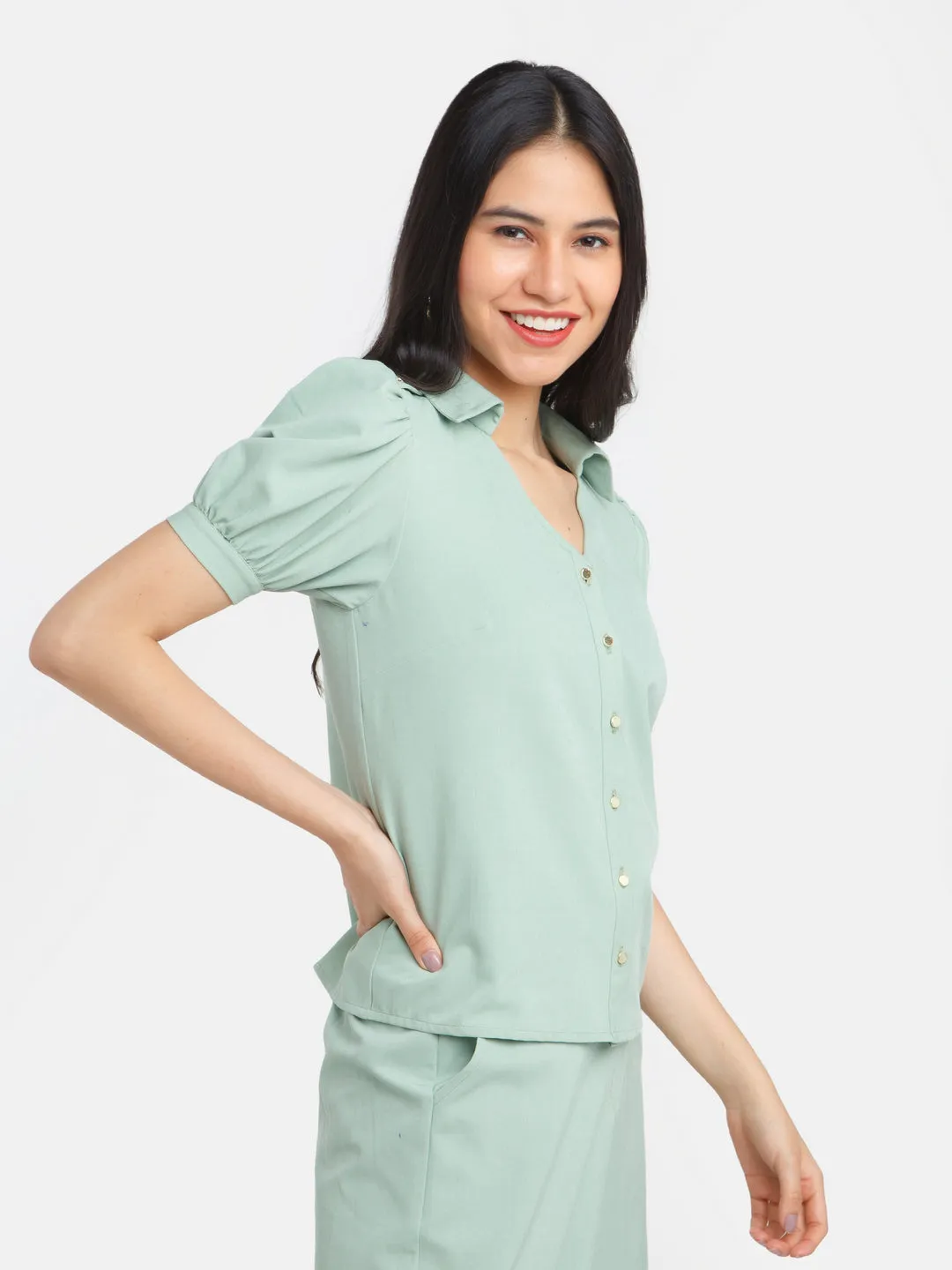 Green Solid Puff Sleeve Top
