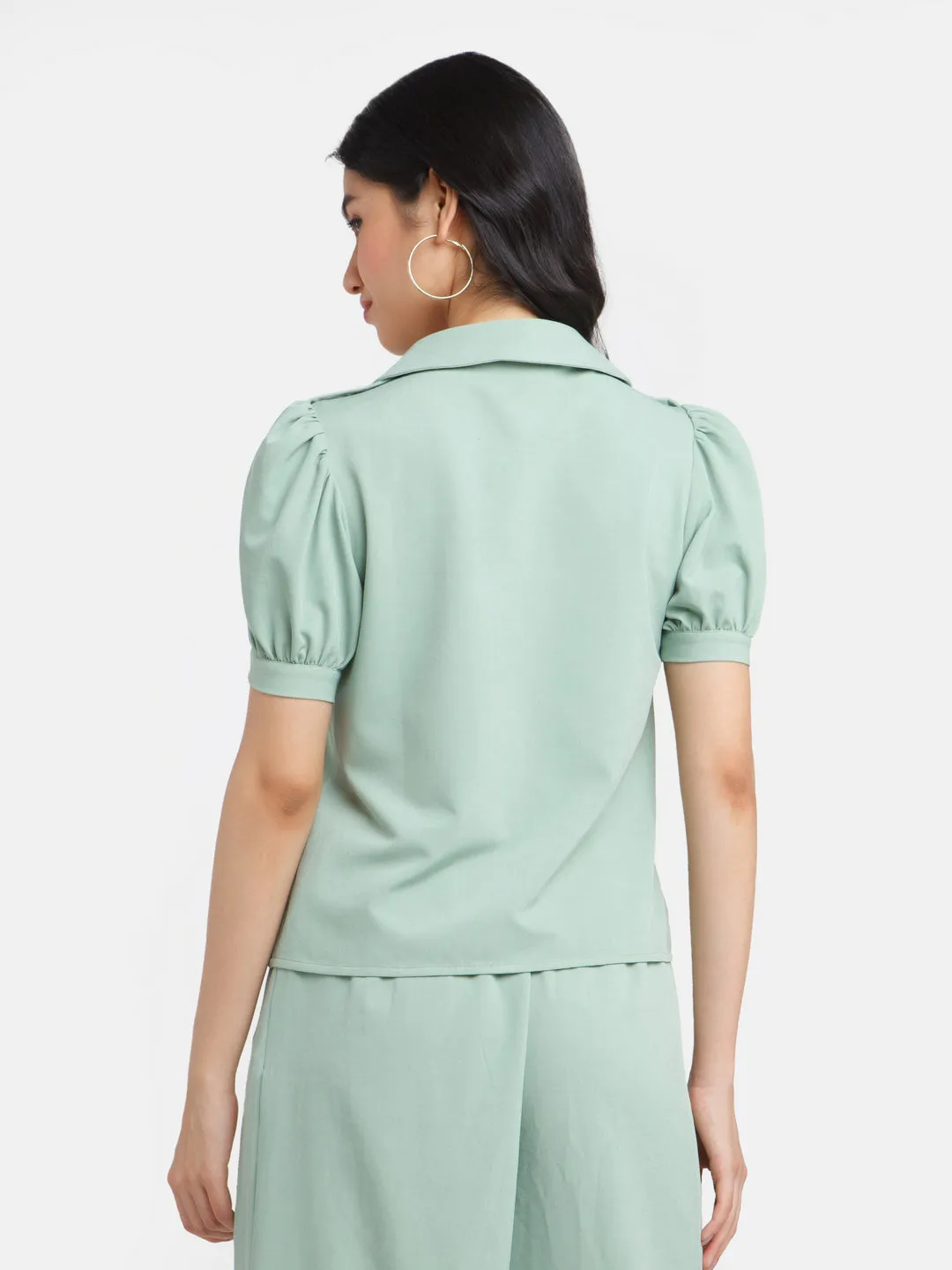 Green Solid Puff Sleeve Top