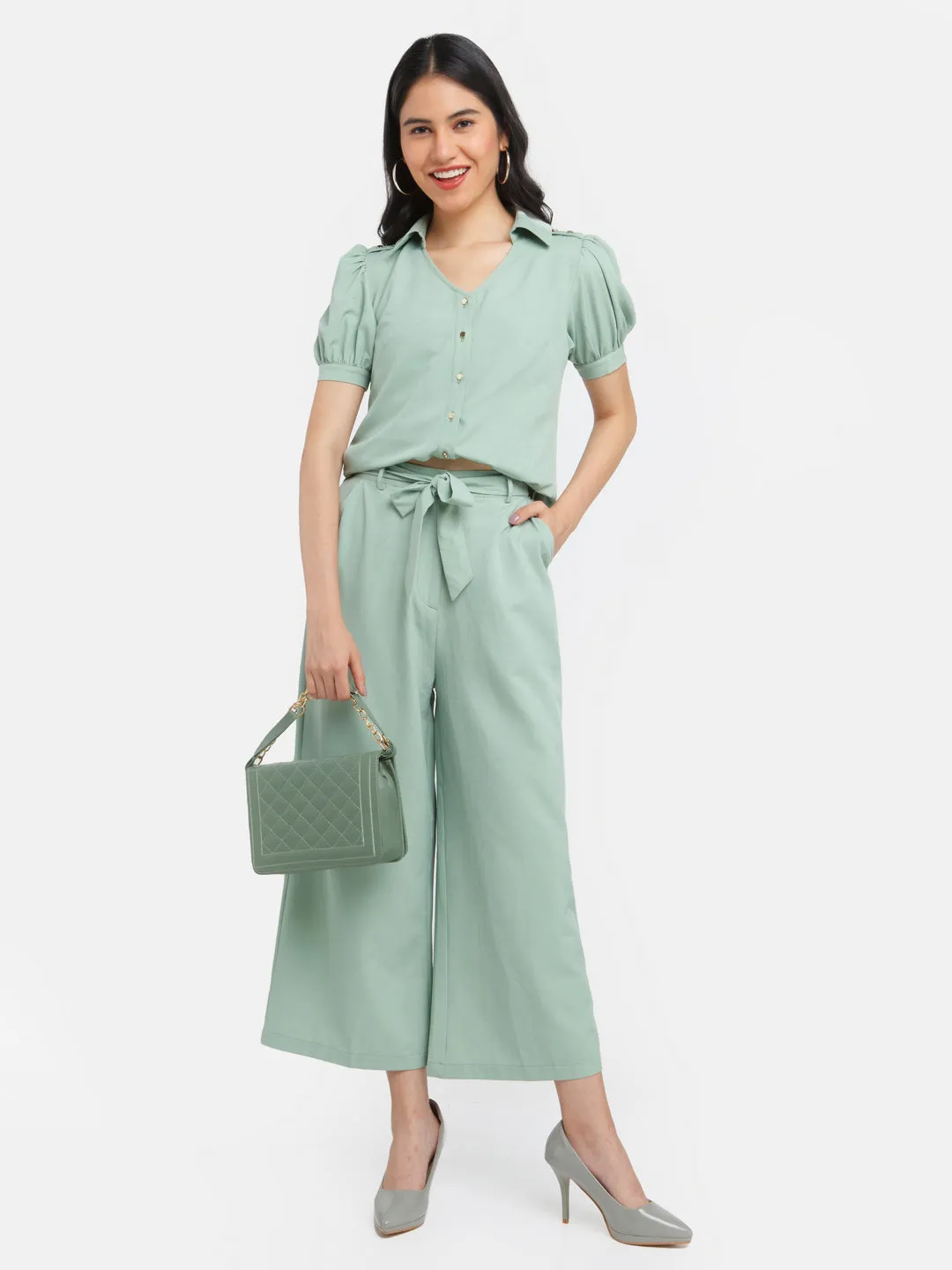 Green Solid Puff Sleeve Top