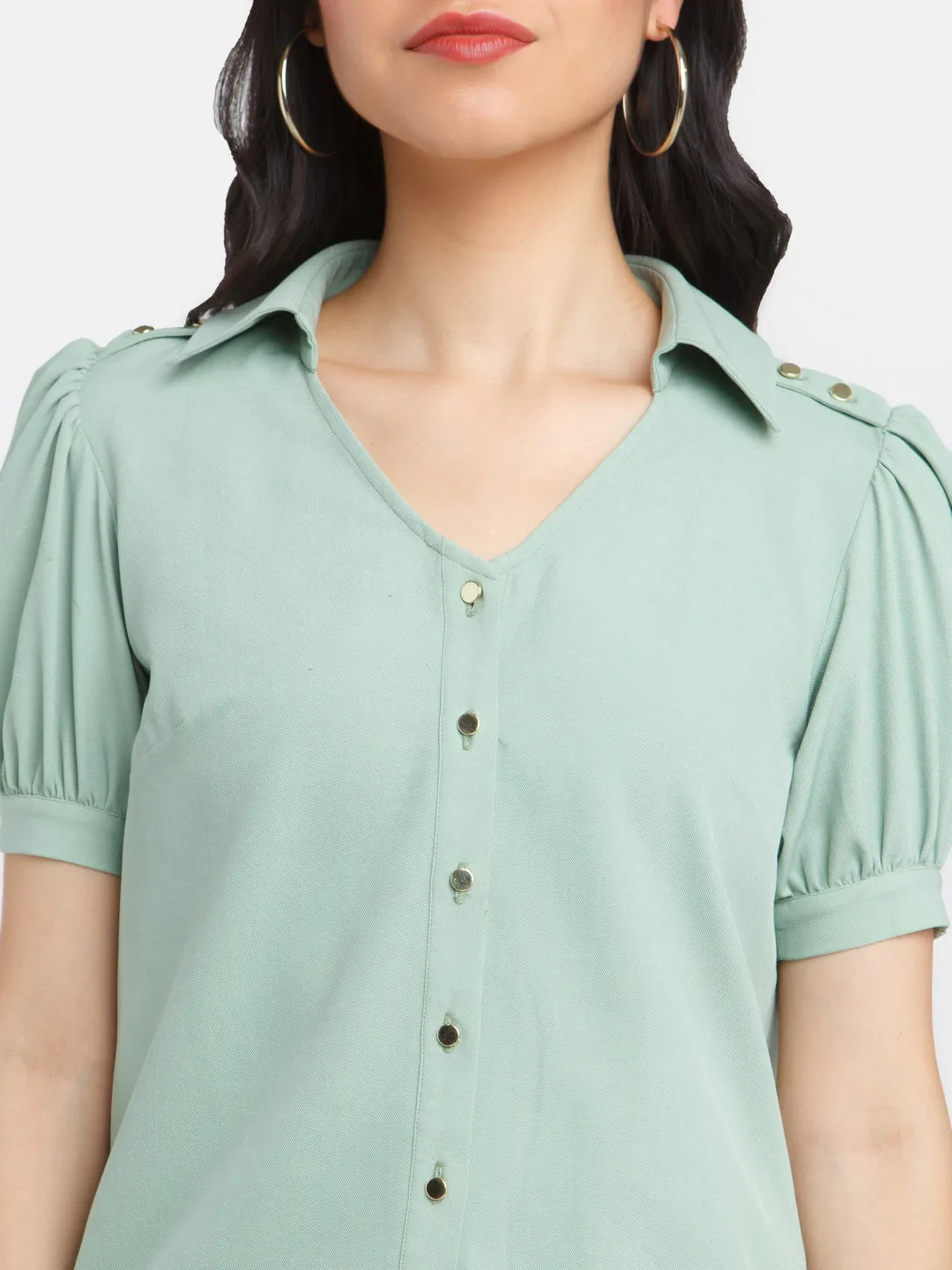 Green Solid Puff Sleeve Top
