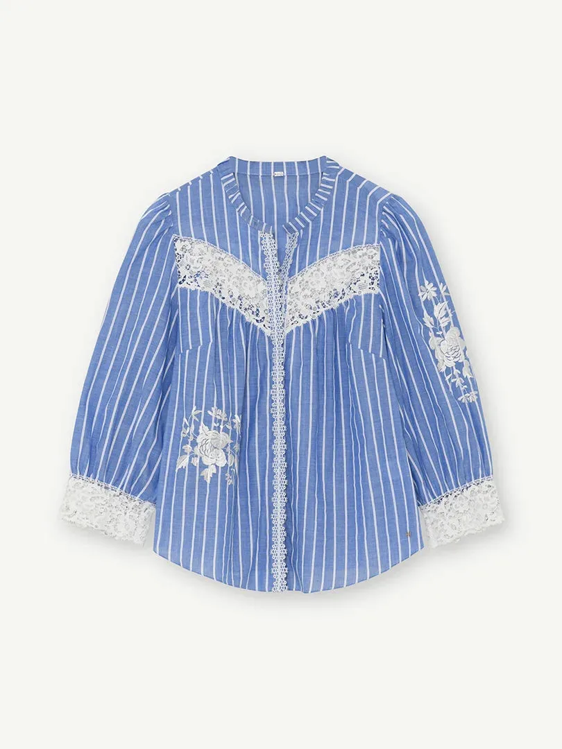 Gustav Sofina Blue Stripe Print Floral Lace Embroidered Blouse