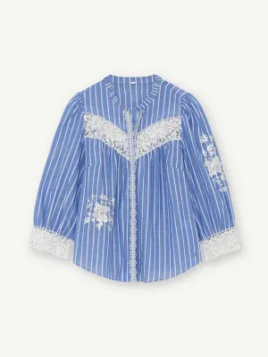 Gustav Sofina Blue Stripe Print Floral Lace Embroidered Blouse