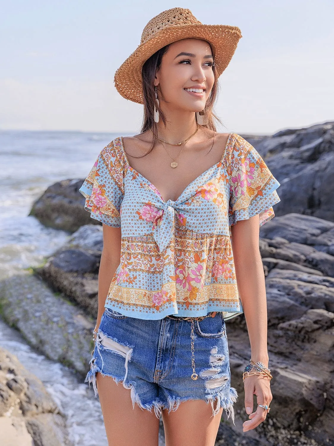 GYPSY - Sweetheart Neck Short Sleeve Blouse