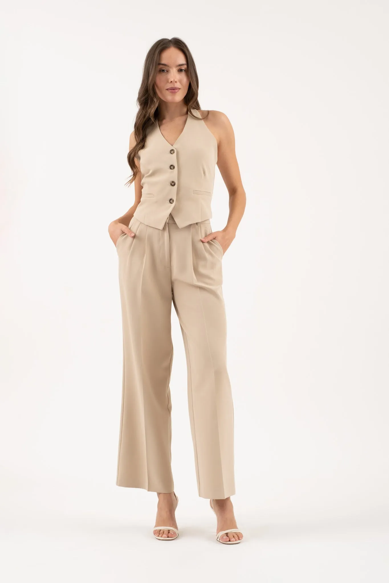 HALTER V NECK BUTTON DOWN OPEN BACK VEST