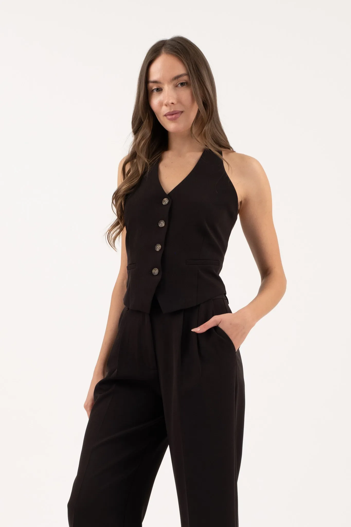 HALTER V NECK BUTTON DOWN OPEN BACK VEST
