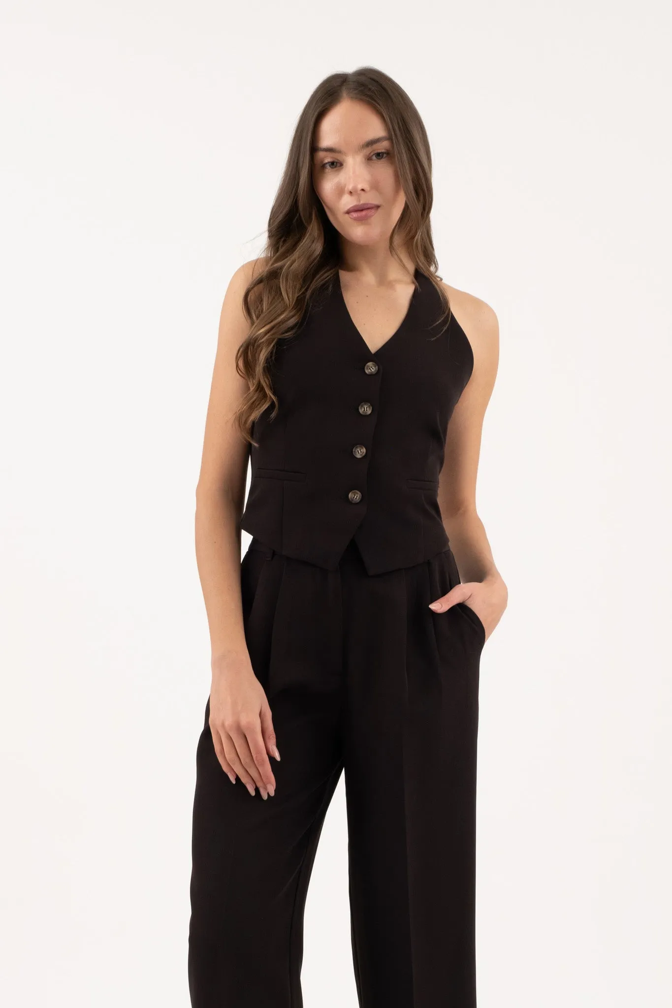 HALTER V NECK BUTTON DOWN OPEN BACK VEST
