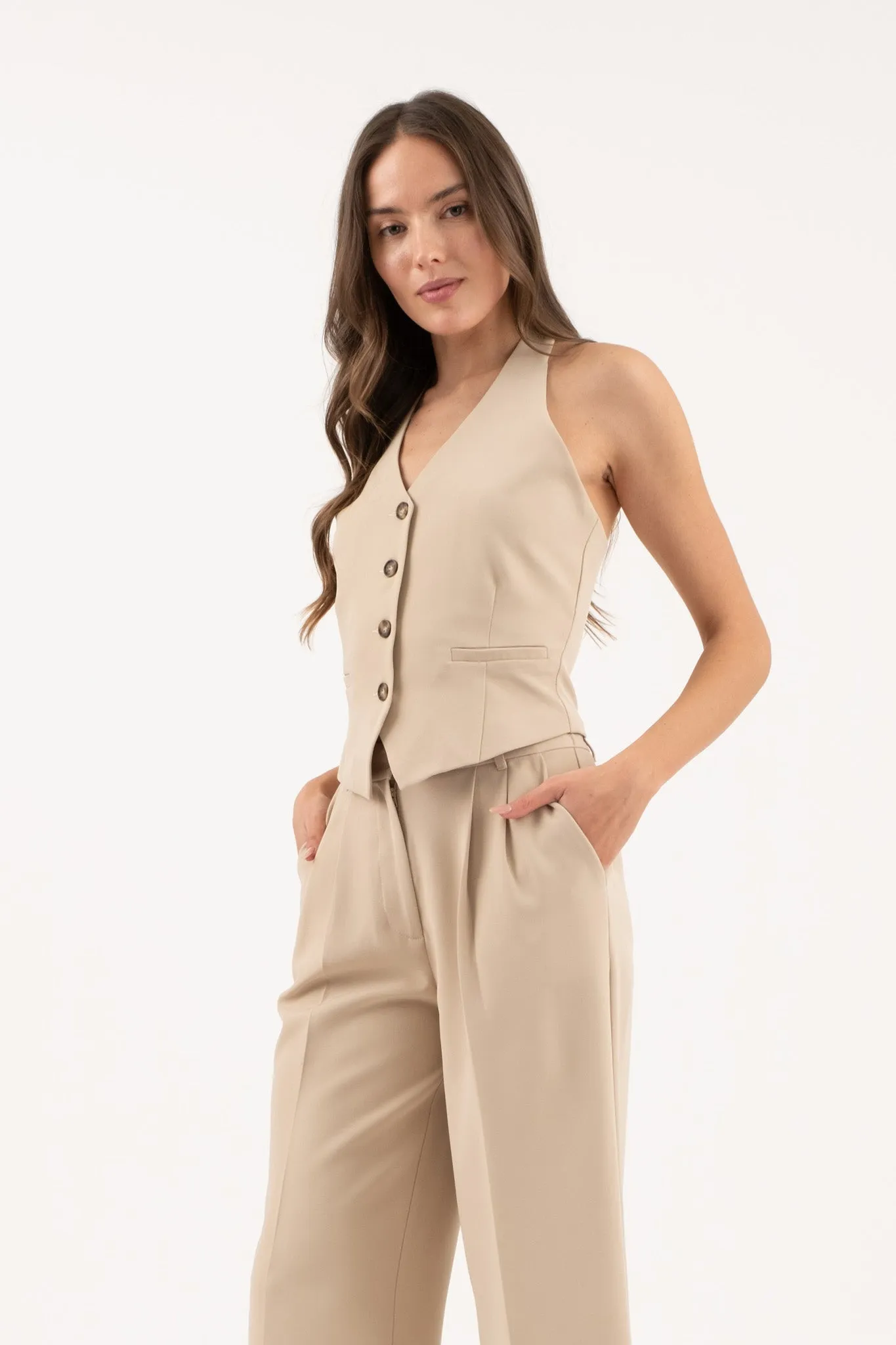 HALTER V NECK BUTTON DOWN OPEN BACK VEST