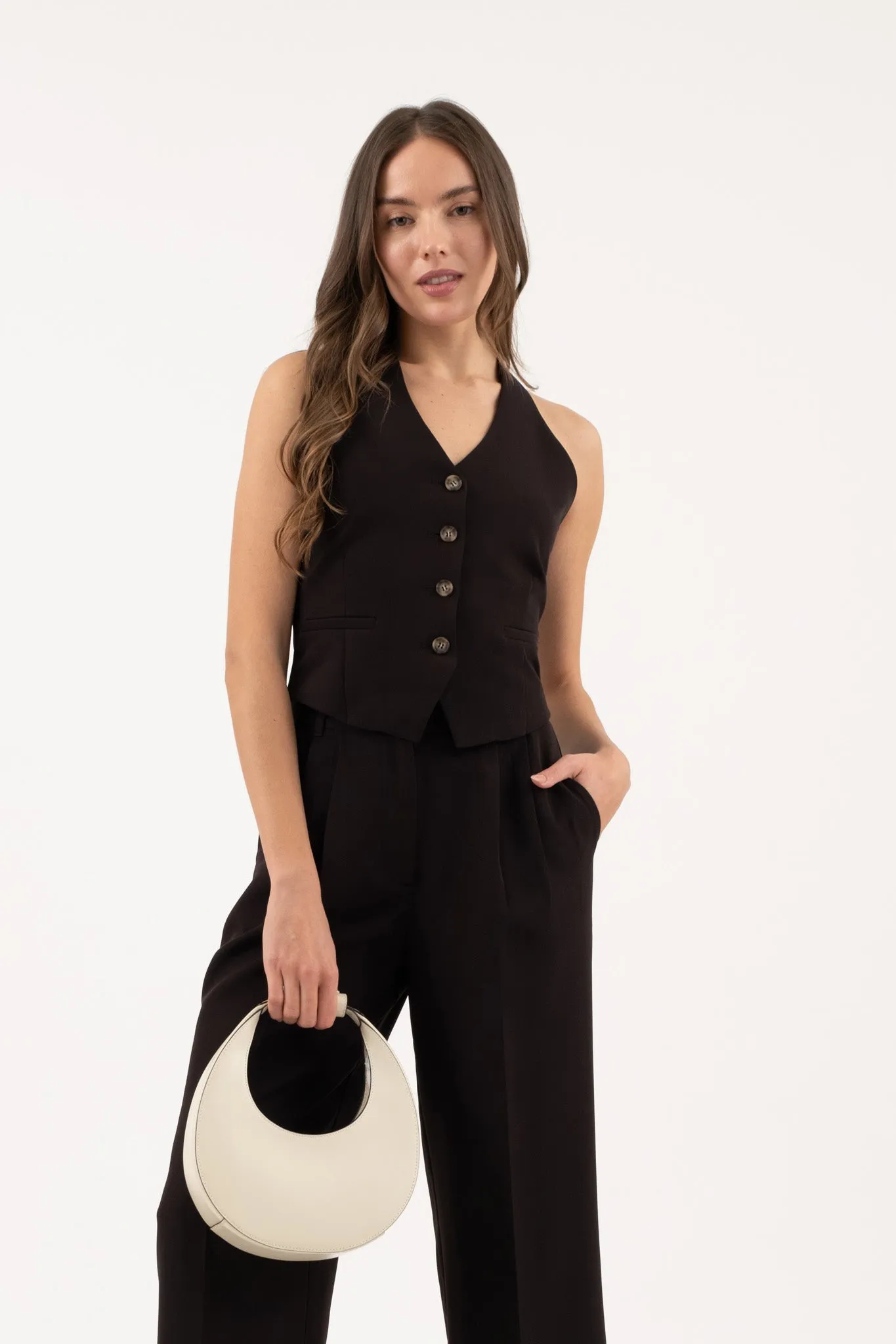 HALTER V NECK BUTTON DOWN OPEN BACK VEST