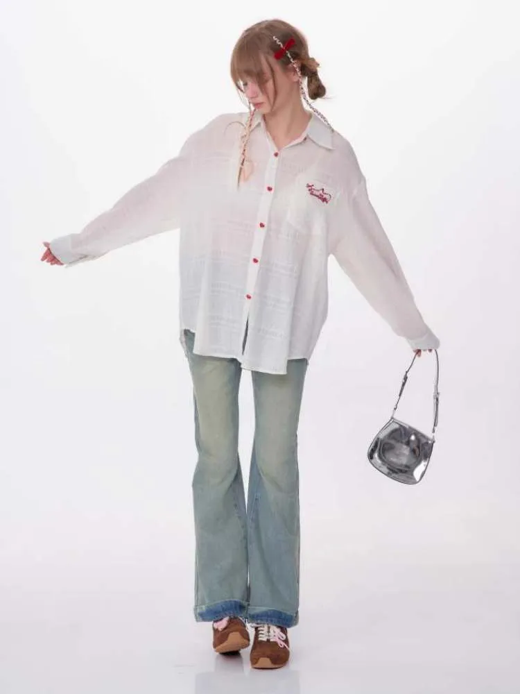 Heart Button Logo Embroidery Semi-Sheer Shirt【s0000007144】