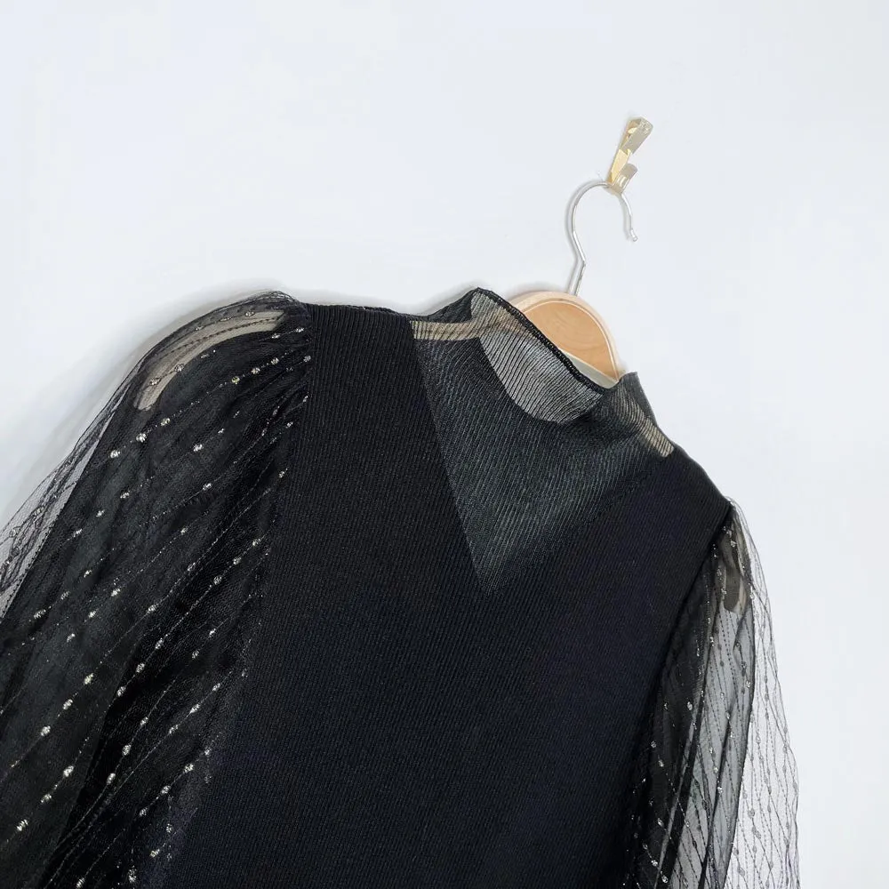 holiday mulberry silk   metallic puff sleeve knit top