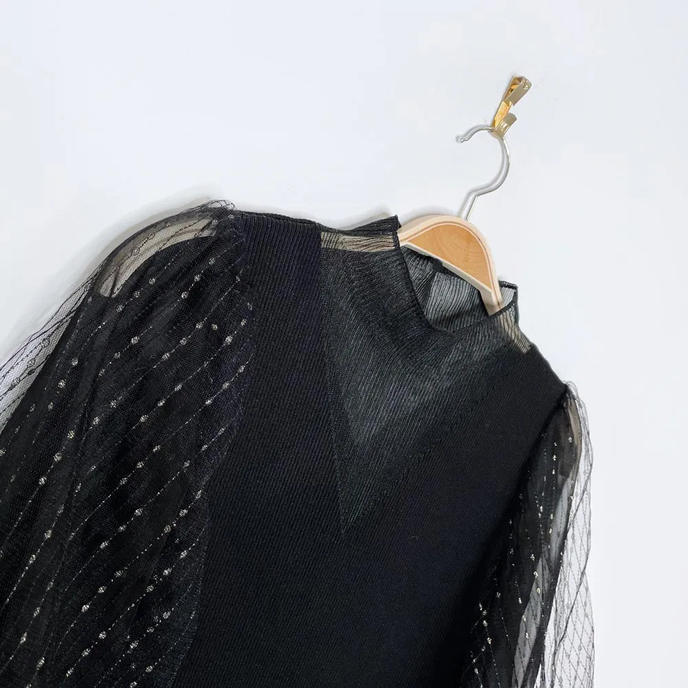 holiday mulberry silk   metallic puff sleeve knit top