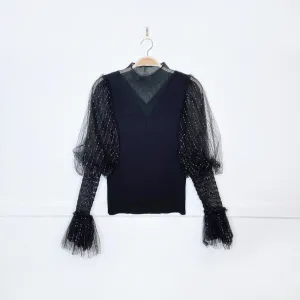 holiday mulberry silk   metallic puff sleeve knit top