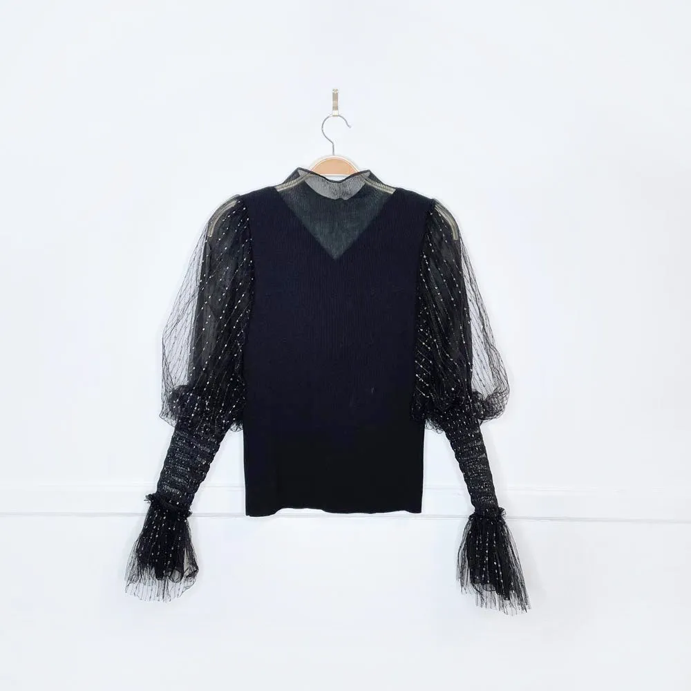 holiday mulberry silk   metallic puff sleeve knit top