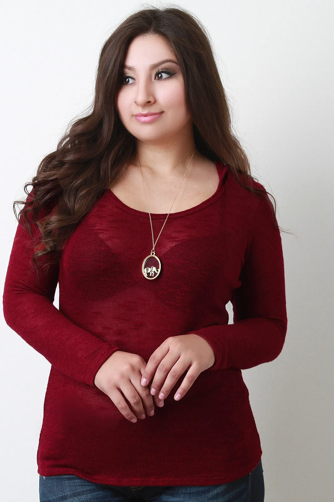 Hooded Semi-Sheer Slub Knit Top