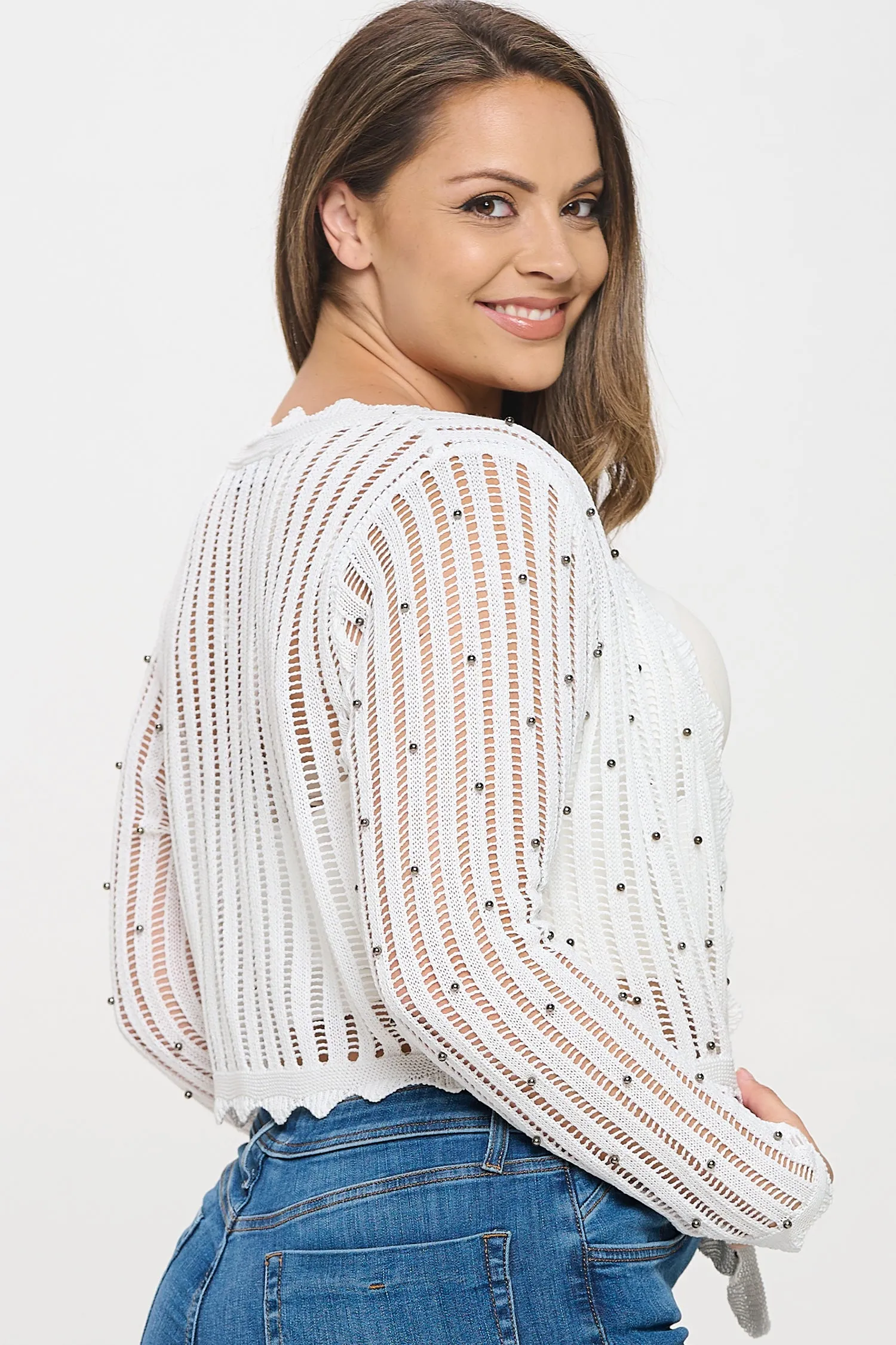 ITJ5956-PLUS | Vests | Junior Plus Pearl Embellished Tie Front Cardigan