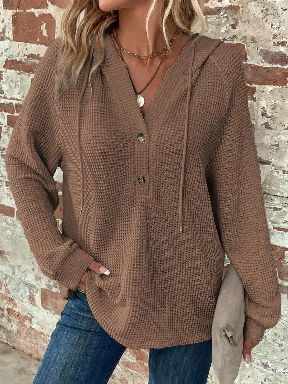 Jamie Waffle Knit Long Sleeve Drawstring Hooded Top