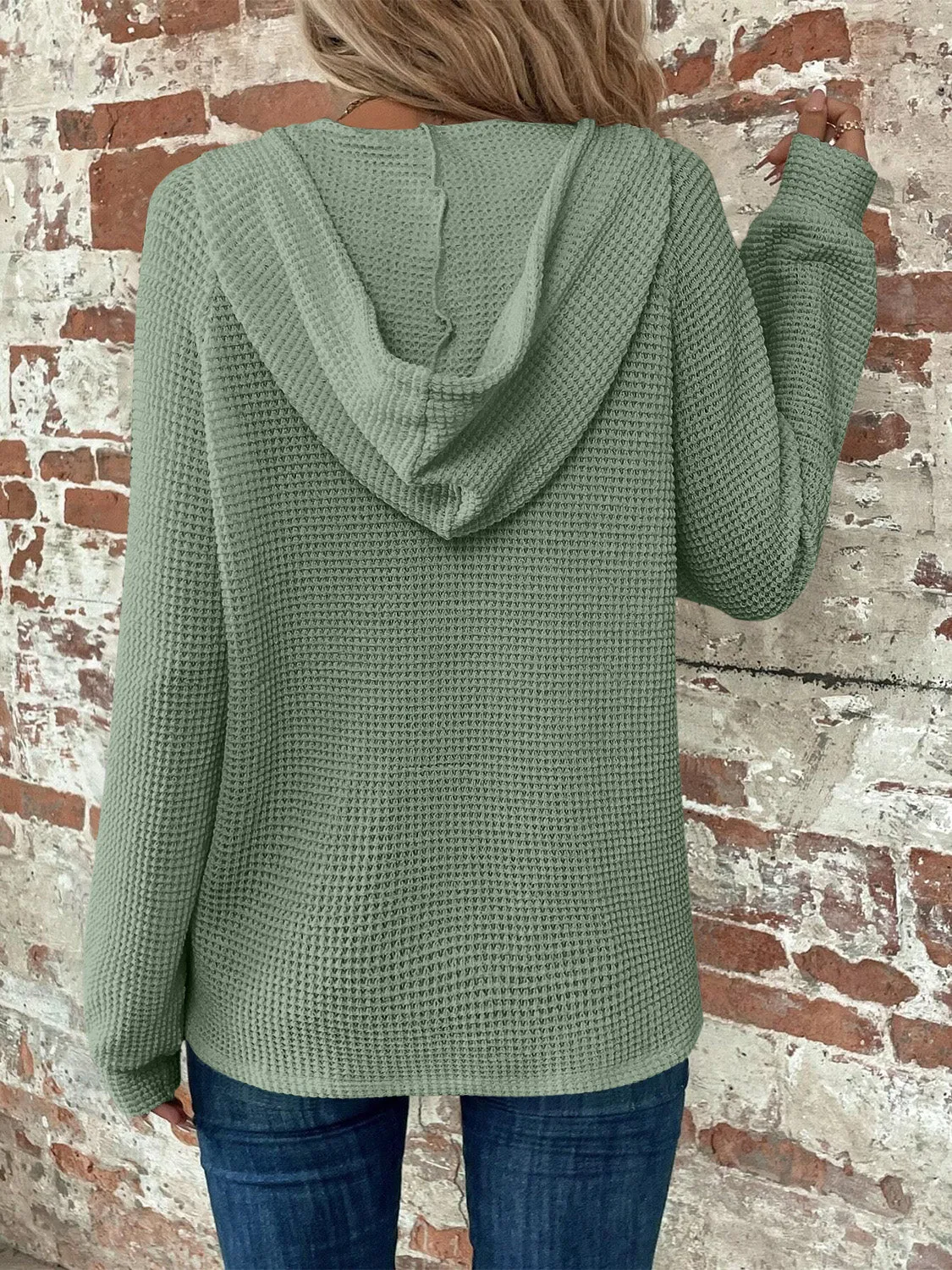 Jamie Waffle Knit Long Sleeve Drawstring Hooded Top