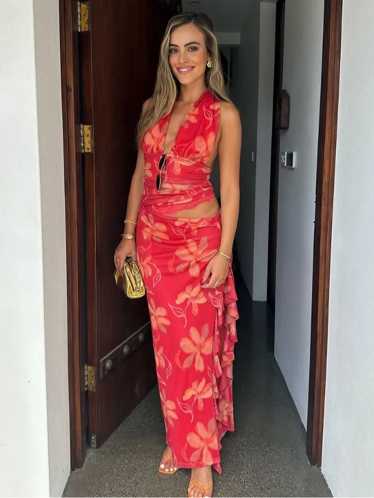 JazzHer 2025 Summer Retro Red Printing Slim Halter Tops Suit Elegant Lady Side Slit Ruffles Lace Midi Skirts Set New Vocation Beach Wear