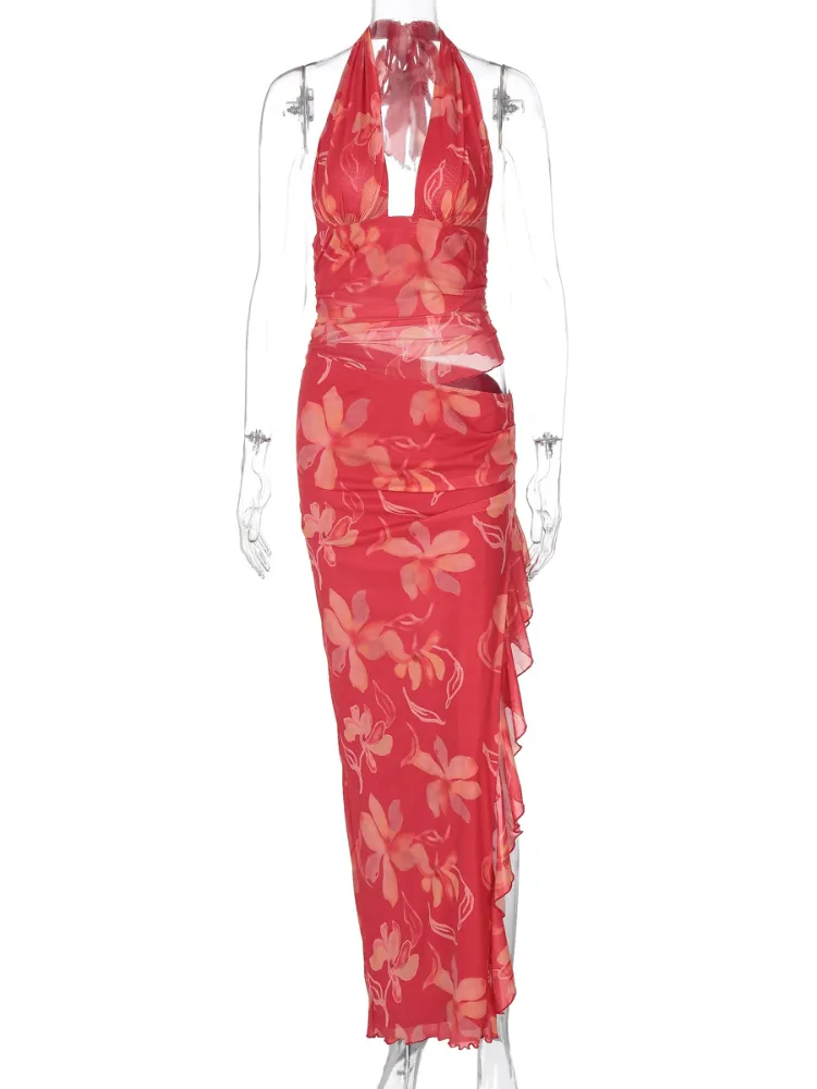 JazzHer 2025 Summer Retro Red Printing Slim Halter Tops Suit Elegant Lady Side Slit Ruffles Lace Midi Skirts Set New Vocation Beach Wear