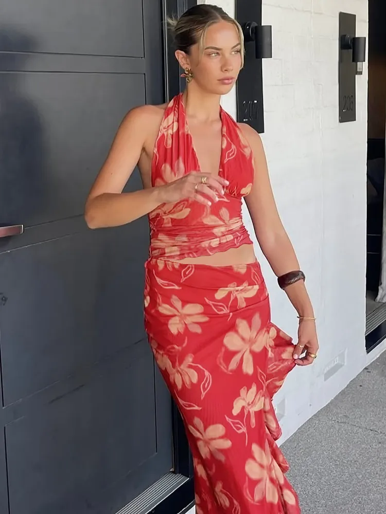 JazzHer 2025 Summer Retro Red Printing Slim Halter Tops Suit Elegant Lady Side Slit Ruffles Lace Midi Skirts Set New Vocation Beach Wear