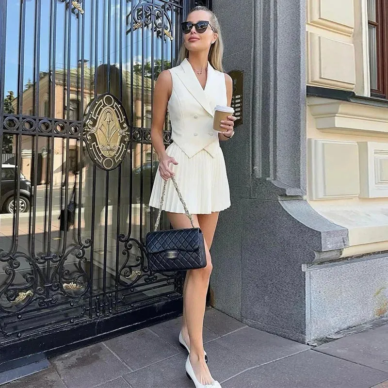 JazzHer Folds Mini Skirt Sets Women Elegant Turn Collar Crop Top Femme Street Temperament Skirts 2 Piece Suits Womens Outfits New