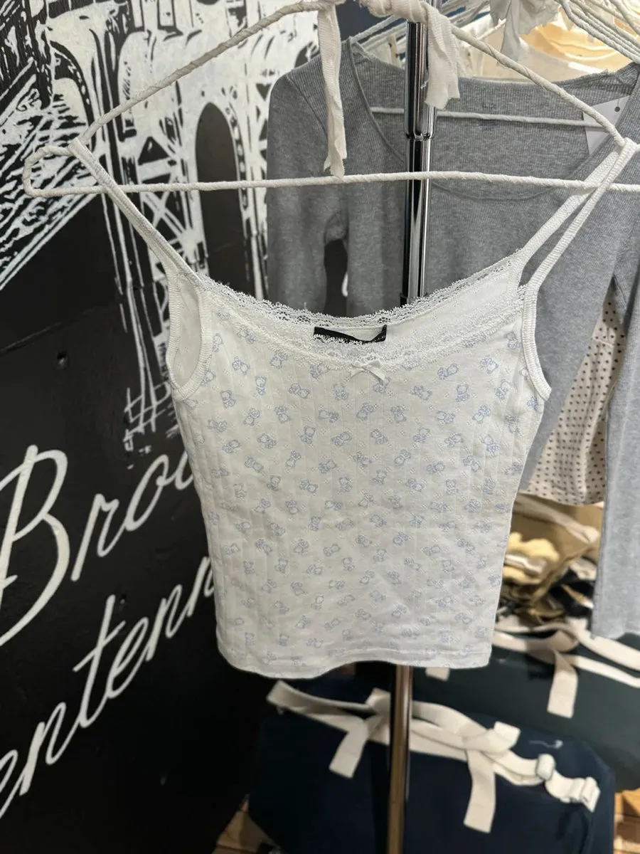 JazzHer Sweet Pink Heart Print Slim Tank Tops Women Bow Lace Trim Cotton Sleeveless Cropped Vests Cute Casual Preppy Style Camisole New