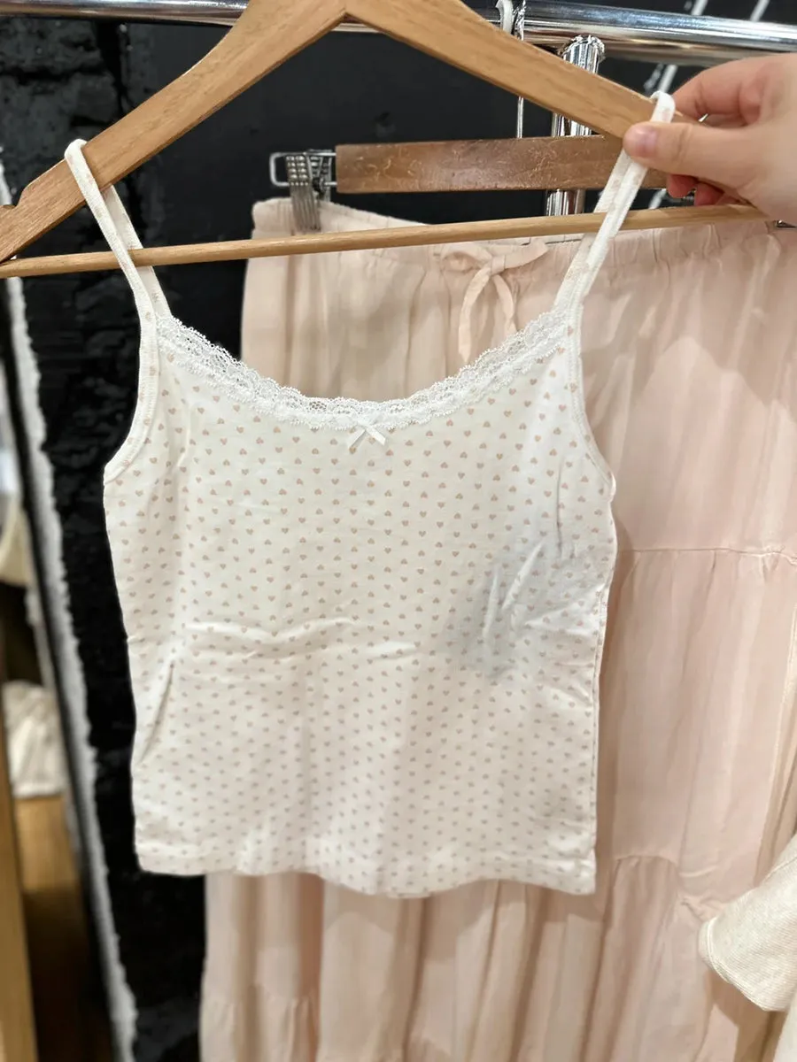 JazzHer Sweet Pink Heart Print Slim Tank Tops Women Bow Lace Trim Cotton Sleeveless Cropped Vests Cute Casual Preppy Style Camisole New