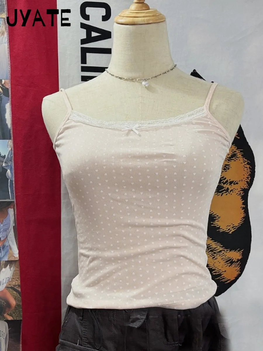 JazzHer Sweet Pink Heart Print Slim Tank Tops Women Bow Lace Trim Cotton Sleeveless Cropped Vests Cute Casual Preppy Style Camisole New