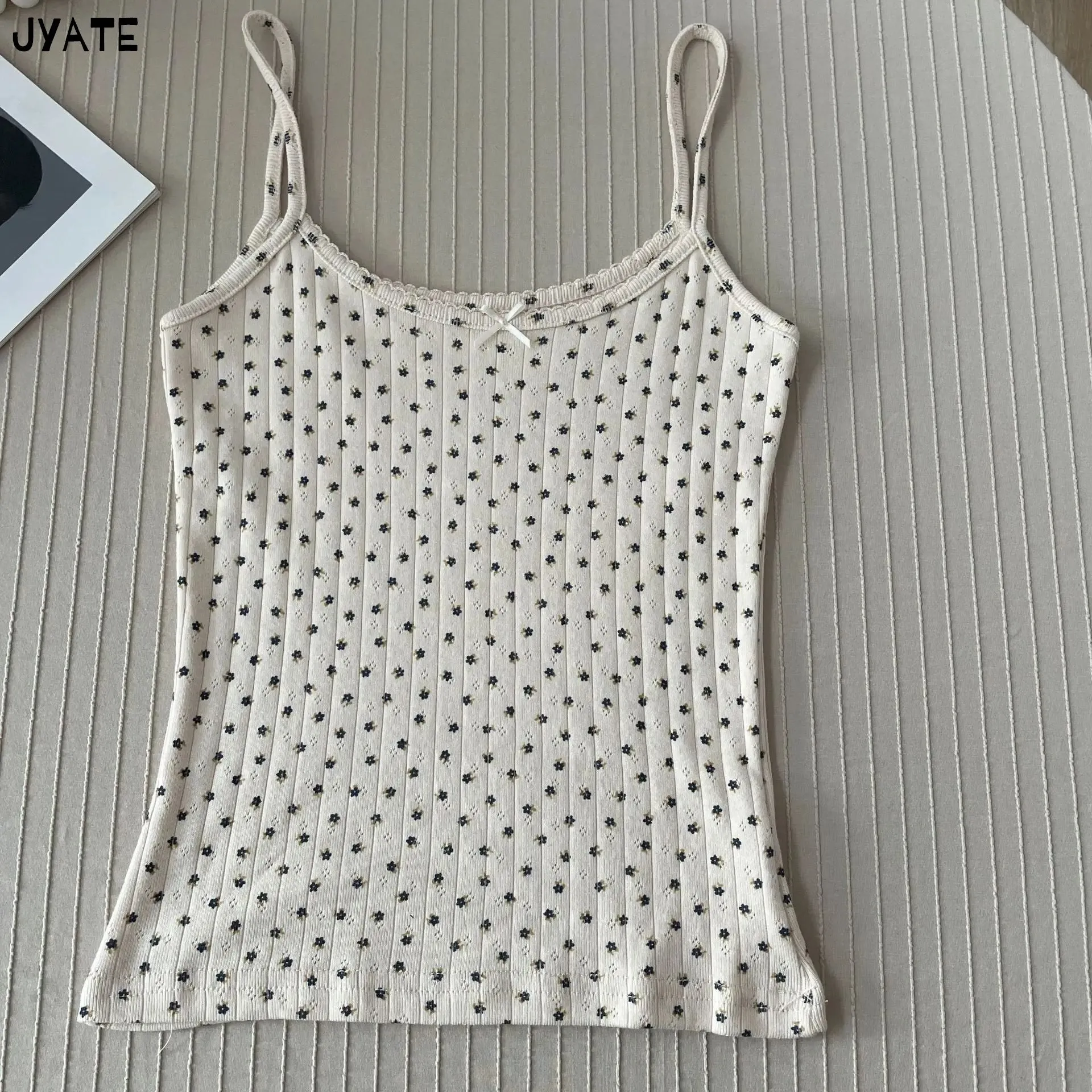 JazzHer Vintage Floral Print Eyelet Bow Cropped Vests Women Streetwear Casual Slim Lace Trim Camis Sweet Preppy Style Cute Tank Tops Y2K