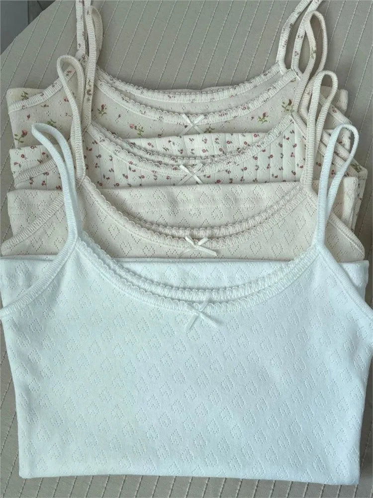 JazzHer Vintage Floral Print Eyelet Bow Cropped Vests Women Streetwear Casual Slim Lace Trim Camis Sweet Preppy Style Cute Tank Tops Y2K