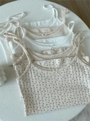 JazzHer Vintage Floral Print Eyelet Bow Cropped Vests Women Streetwear Casual Slim Lace Trim Camis Sweet Preppy Style Cute Tank Tops Y2K