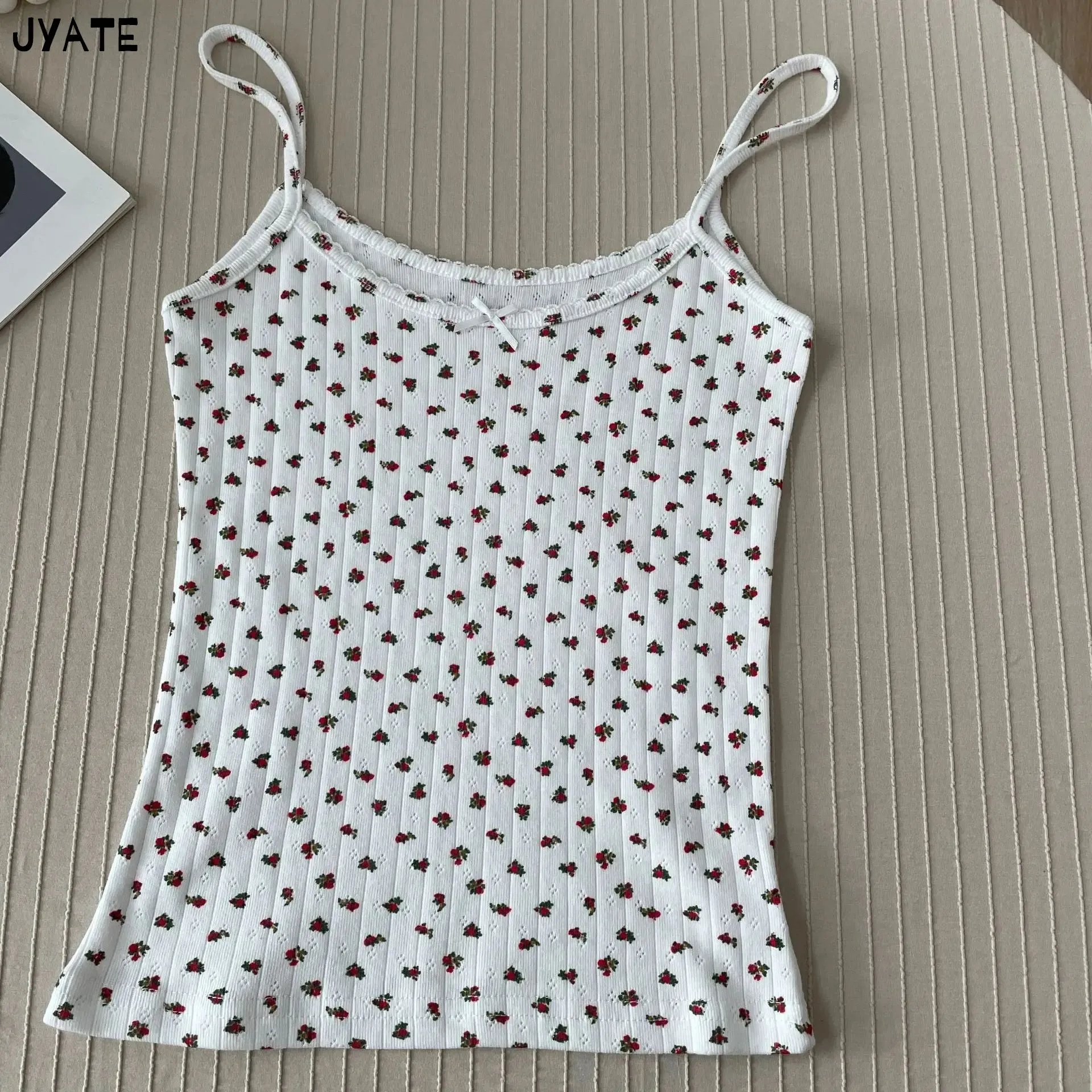 JazzHer Vintage Floral Print Eyelet Bow Cropped Vests Women Streetwear Casual Slim Lace Trim Camis Sweet Preppy Style Cute Tank Tops Y2K