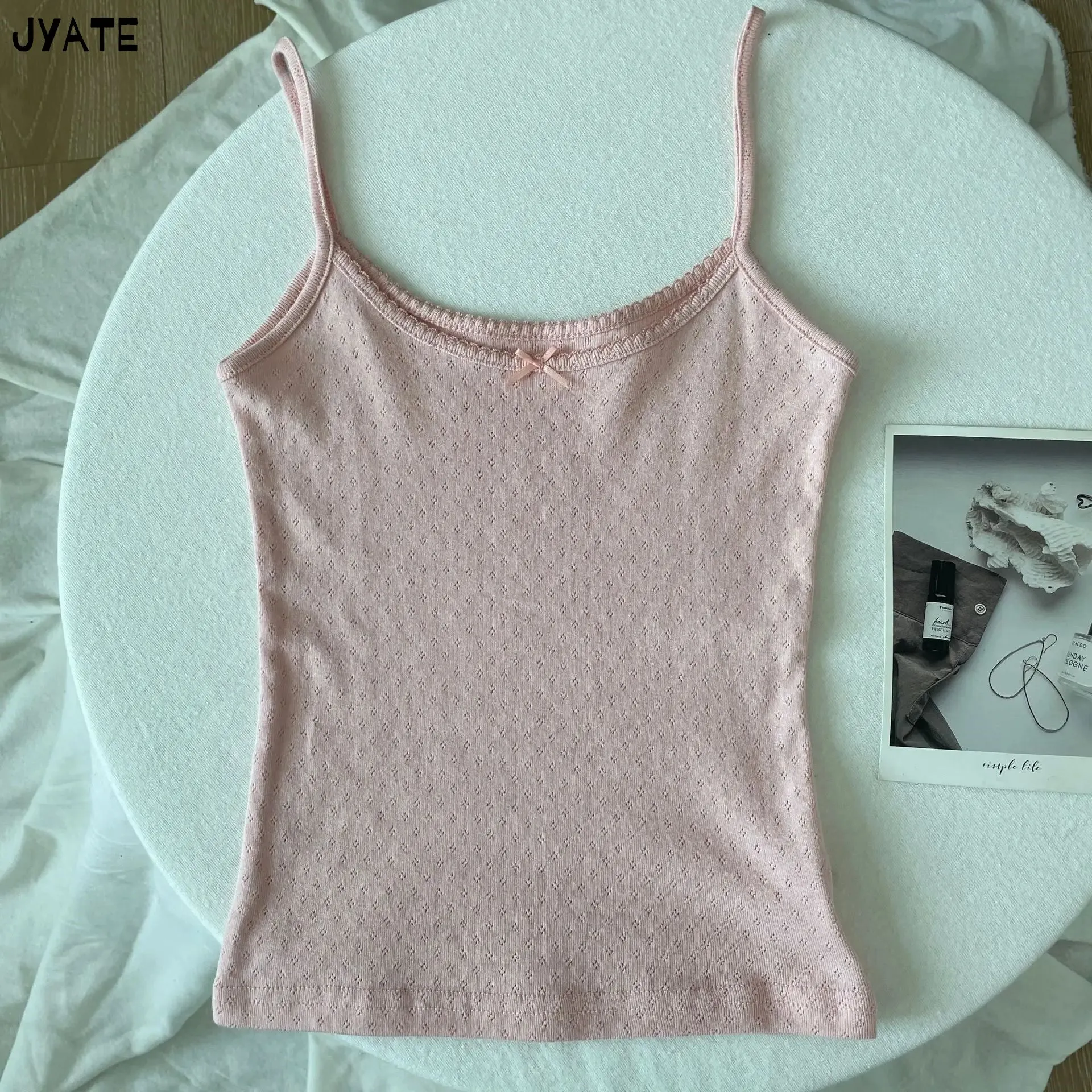 JazzHer Vintage Floral Print Eyelet Bow Cropped Vests Women Streetwear Casual Slim Lace Trim Camis Sweet Preppy Style Cute Tank Tops Y2K