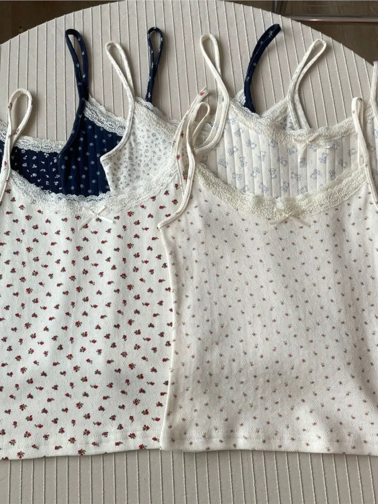 JazzHer Vintage Floral Print Eyelet Bow Cropped Vests Women Streetwear Casual Slim Lace Trim Camis Sweet Preppy Style Cute Tank Tops Y2K