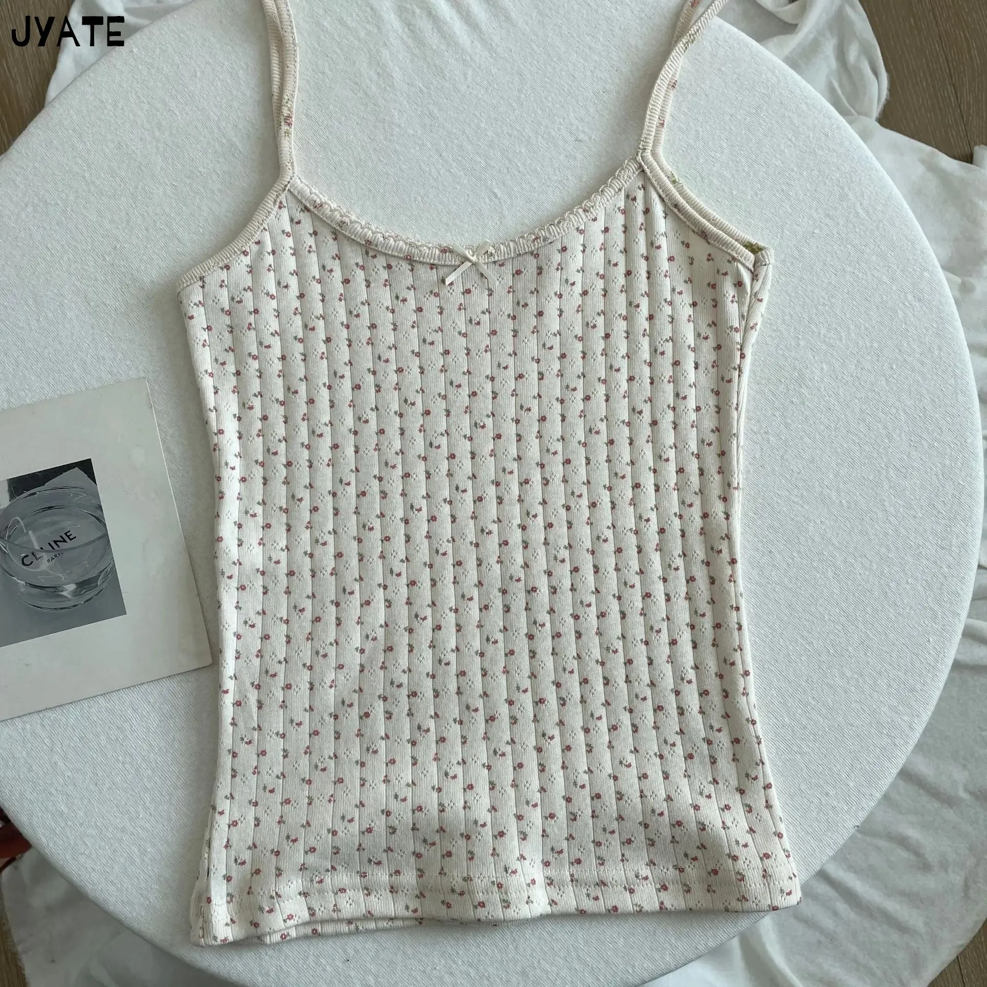 JazzHer Vintage Floral Print Eyelet Bow Cropped Vests Women Streetwear Casual Slim Lace Trim Camis Sweet Preppy Style Cute Tank Tops Y2K