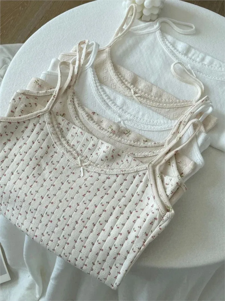 JazzHer Vintage Floral Print Eyelet Bow Cropped Vests Women Streetwear Casual Slim Lace Trim Camis Sweet Preppy Style Cute Tank Tops Y2K