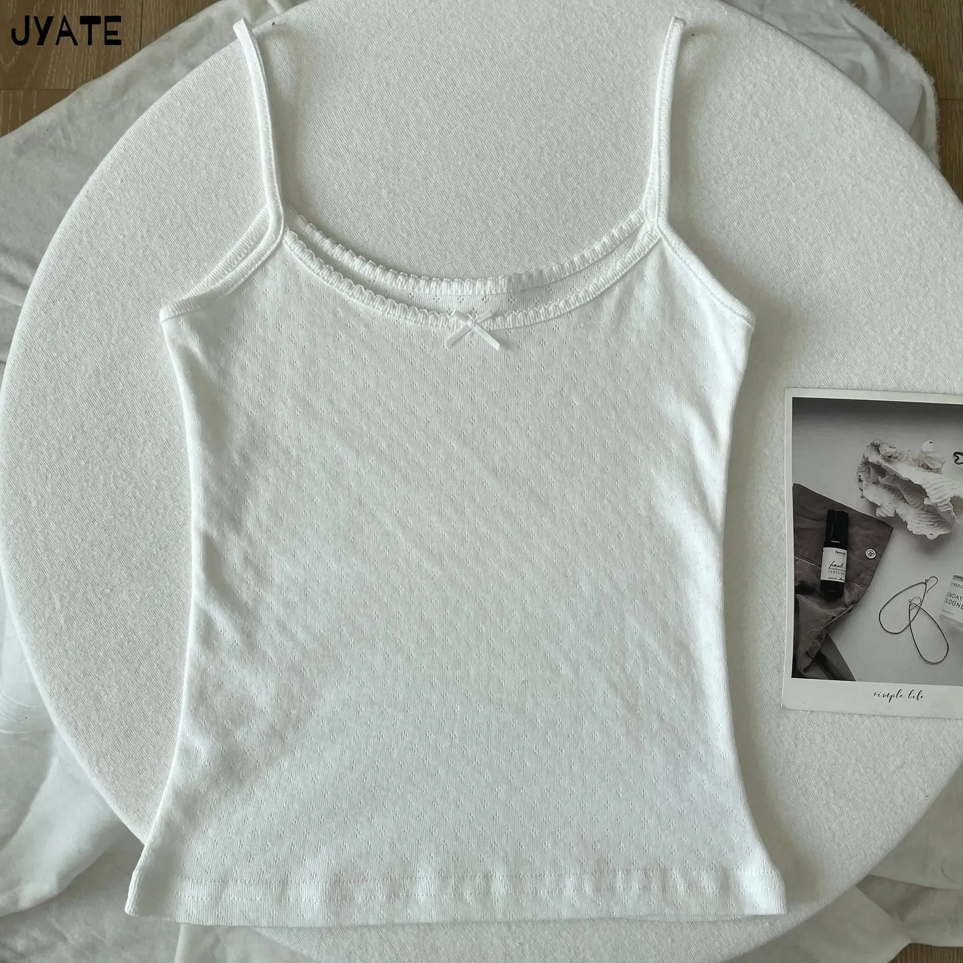 JazzHer Vintage Floral Print Eyelet Bow Cropped Vests Women Streetwear Casual Slim Lace Trim Camis Sweet Preppy Style Cute Tank Tops Y2K