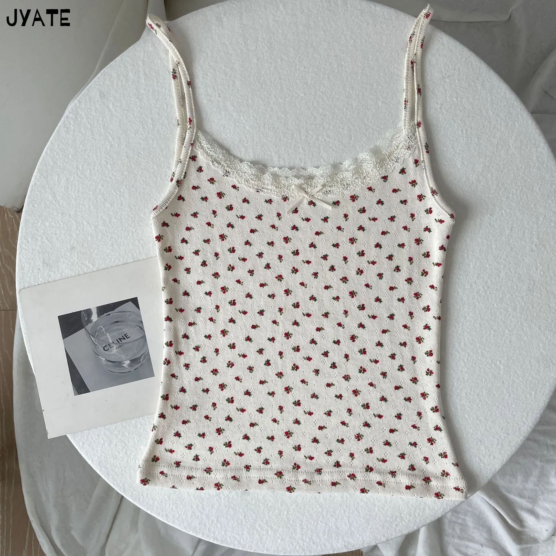 JazzHer Vintage Floral Print Eyelet Bow Cropped Vests Women Streetwear Casual Slim Lace Trim Camis Sweet Preppy Style Cute Tank Tops Y2K