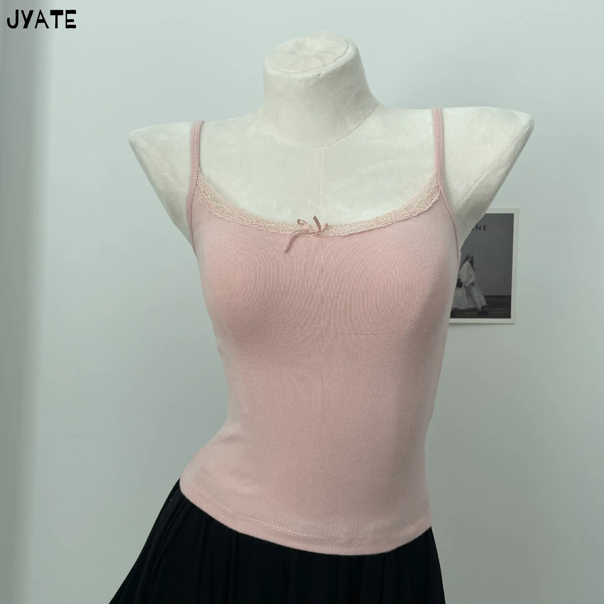 JazzHer Vintage Floral Print Eyelet Bow Cropped Vests Women Streetwear Casual Slim Lace Trim Camis Sweet Preppy Style Cute Tank Tops Y2K
