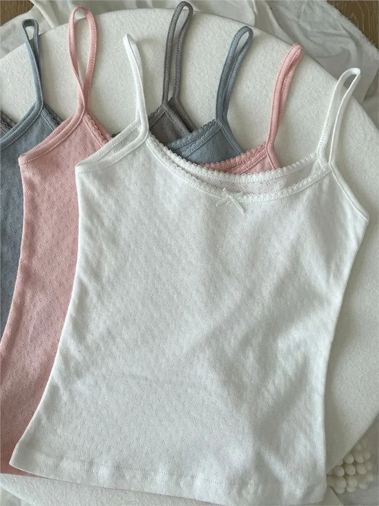 JazzHer Vintage Floral Print Eyelet Bow Cropped Vests Women Streetwear Casual Slim Lace Trim Camis Sweet Preppy Style Cute Tank Tops Y2K