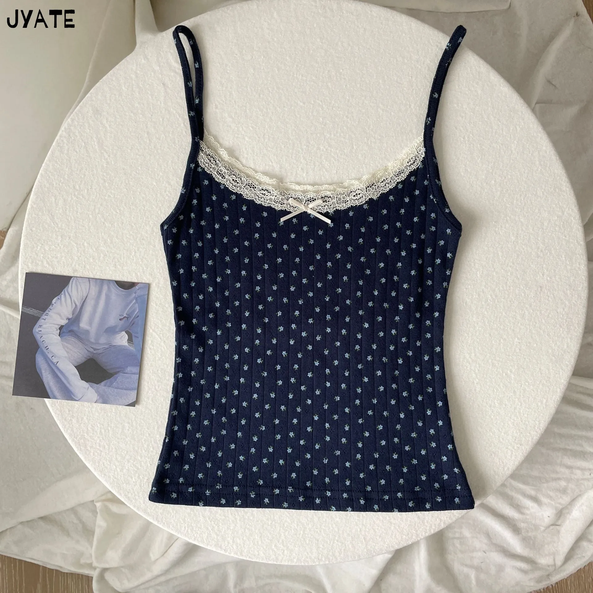 JazzHer Vintage Floral Print Eyelet Bow Cropped Vests Women Streetwear Casual Slim Lace Trim Camis Sweet Preppy Style Cute Tank Tops Y2K