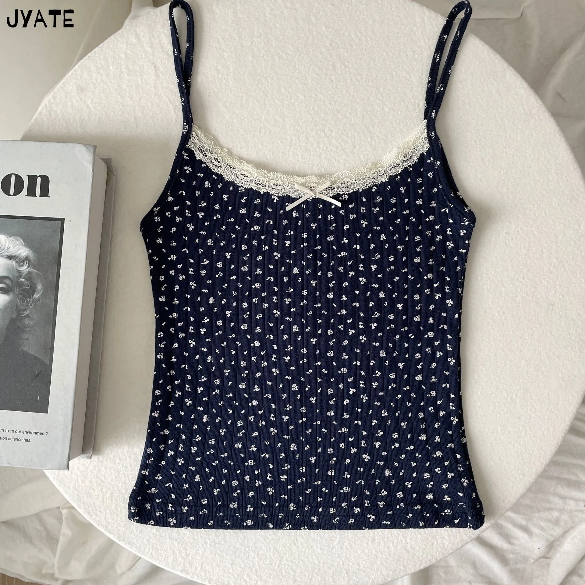 JazzHer Vintage Floral Print Eyelet Bow Cropped Vests Women Streetwear Casual Slim Lace Trim Camis Sweet Preppy Style Cute Tank Tops Y2K