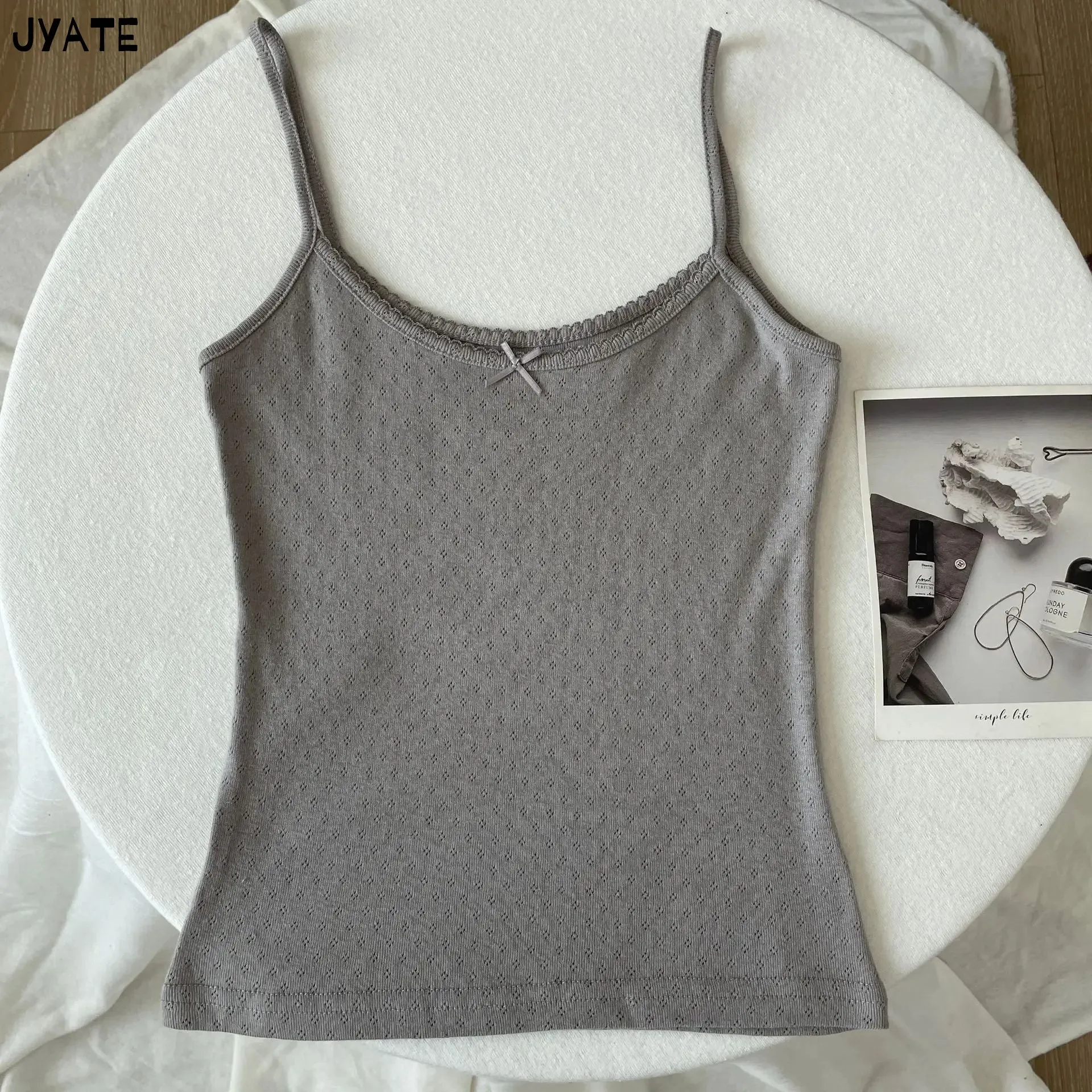 JazzHer Vintage Floral Print Eyelet Bow Cropped Vests Women Streetwear Casual Slim Lace Trim Camis Sweet Preppy Style Cute Tank Tops Y2K