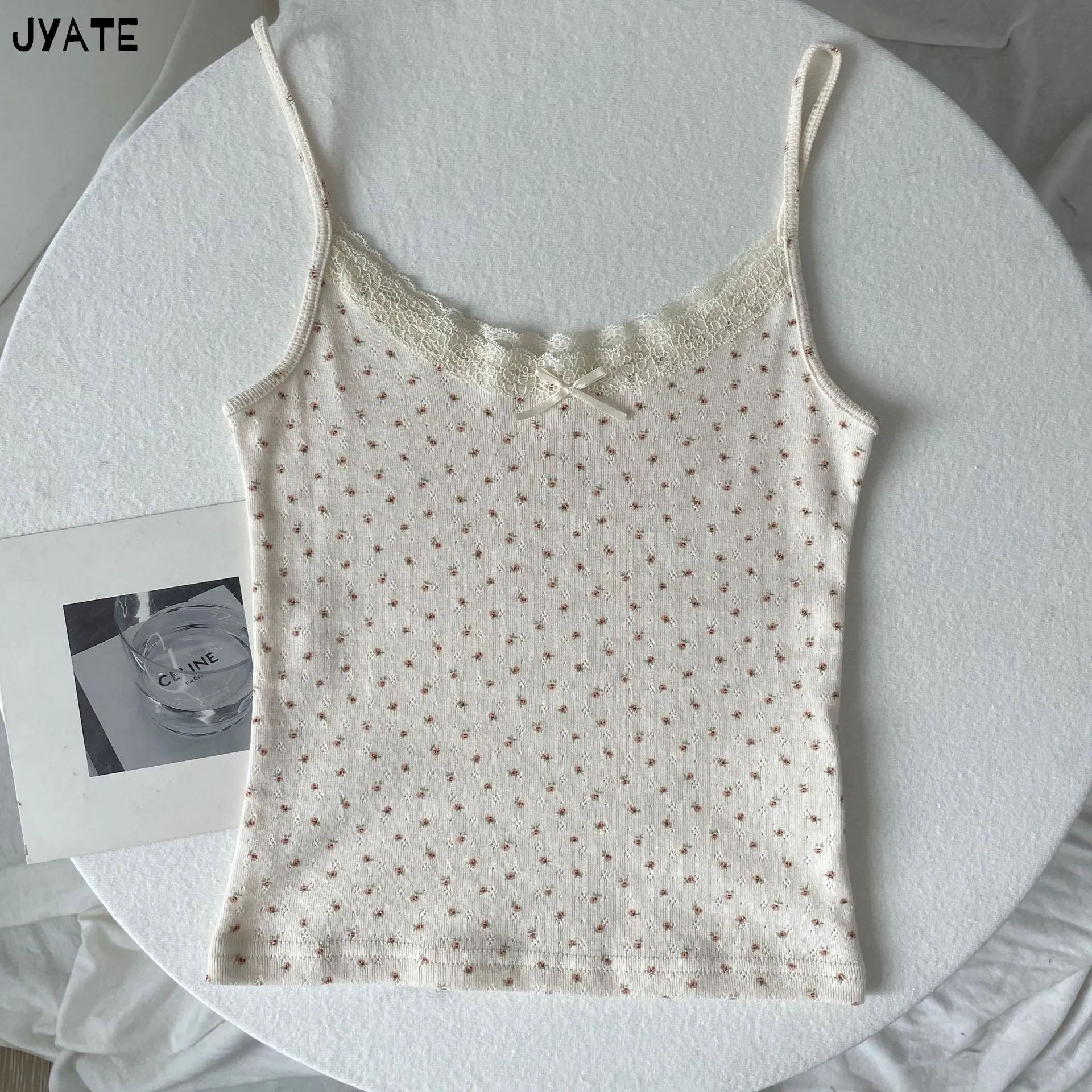 JazzHer Vintage Floral Print Eyelet Bow Cropped Vests Women Streetwear Casual Slim Lace Trim Camis Sweet Preppy Style Cute Tank Tops Y2K