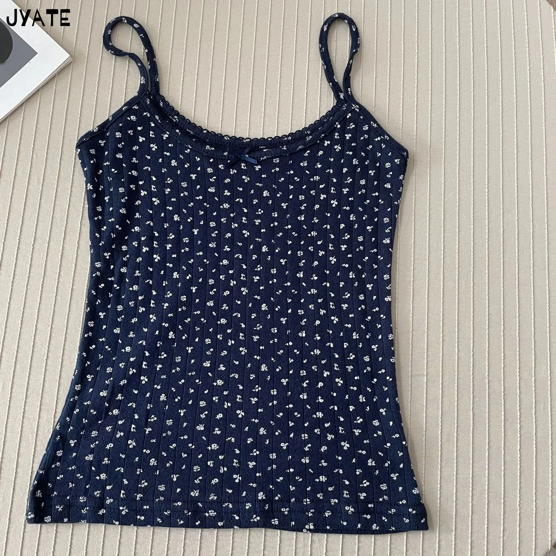 JazzHer Vintage Floral Print Eyelet Bow Cropped Vests Women Streetwear Casual Slim Lace Trim Camis Sweet Preppy Style Cute Tank Tops Y2K