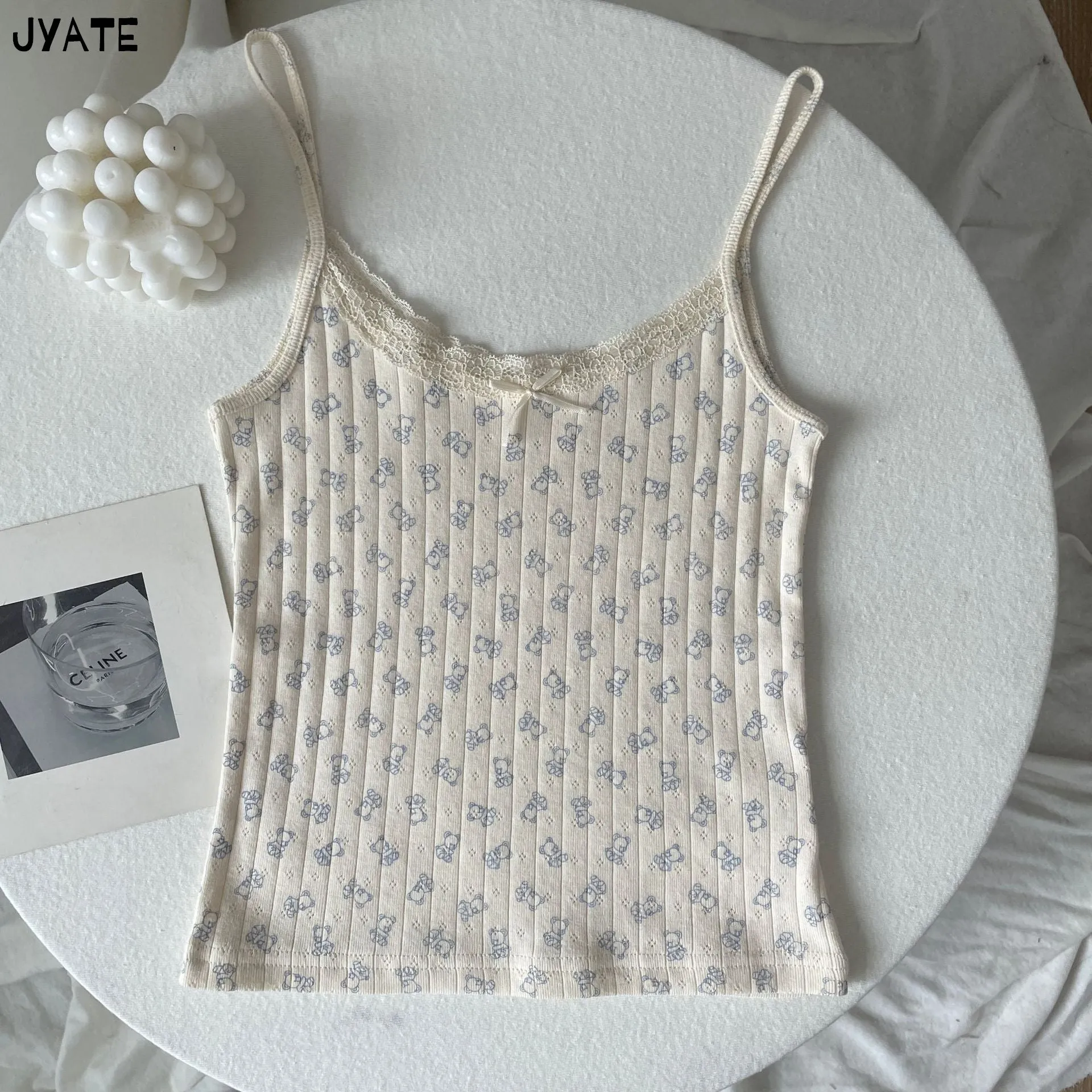 JazzHer Vintage Floral Print Eyelet Bow Cropped Vests Women Streetwear Casual Slim Lace Trim Camis Sweet Preppy Style Cute Tank Tops Y2K