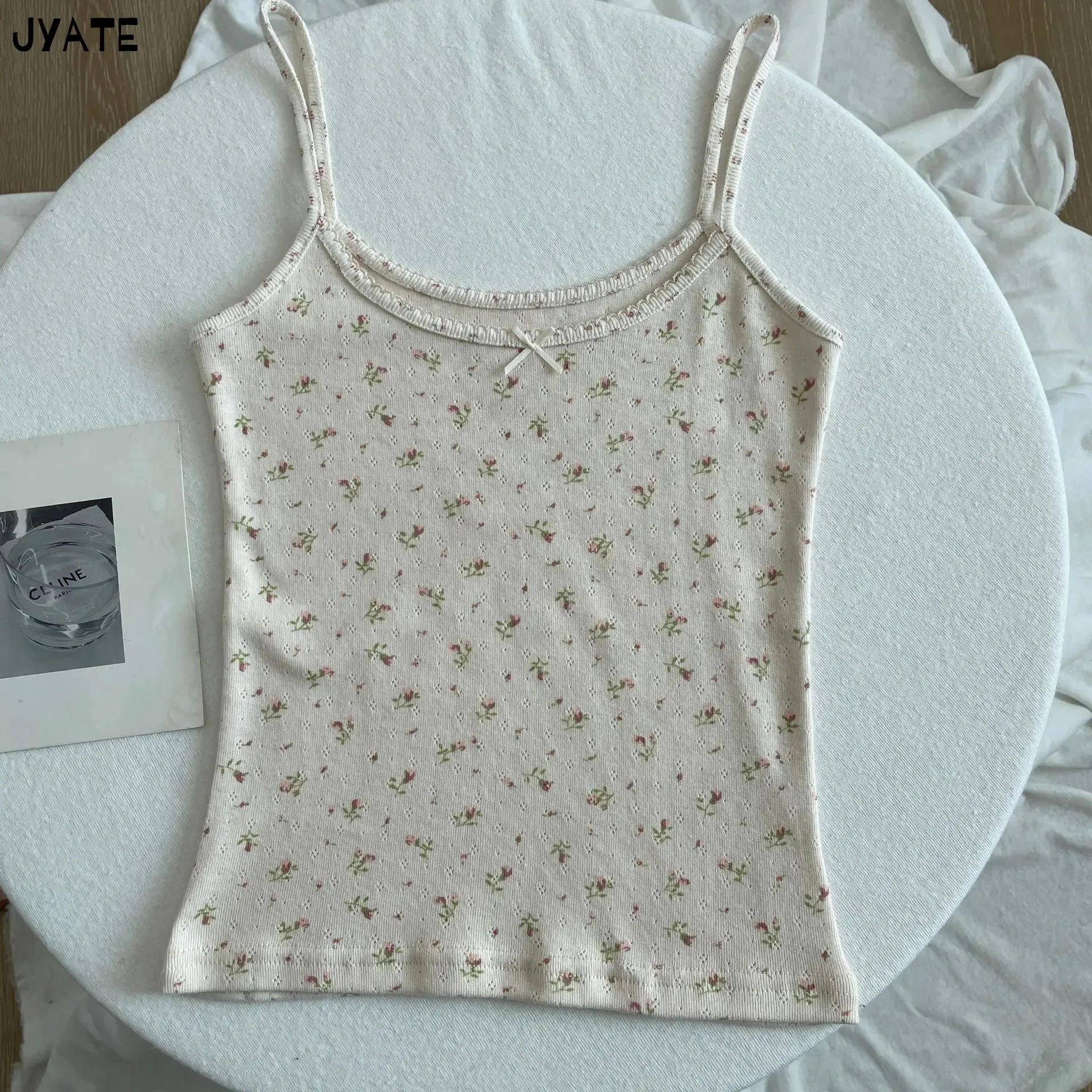 JazzHer Vintage Floral Print Eyelet Bow Cropped Vests Women Streetwear Casual Slim Lace Trim Camis Sweet Preppy Style Cute Tank Tops Y2K