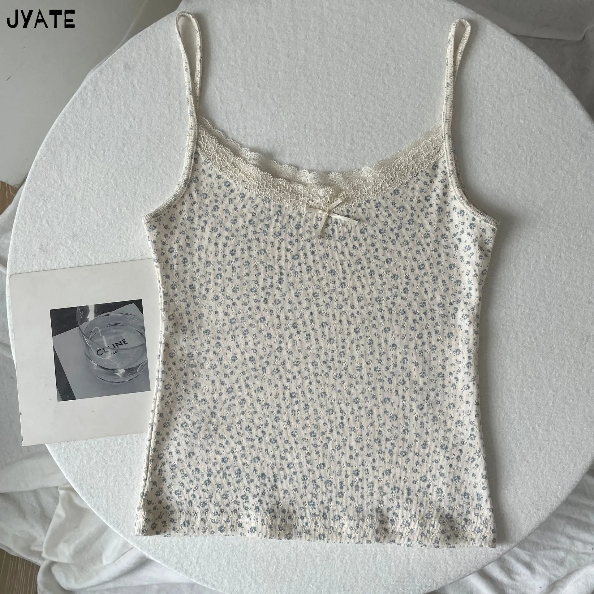 JazzHer Vintage Floral Print Eyelet Bow Cropped Vests Women Streetwear Casual Slim Lace Trim Camis Sweet Preppy Style Cute Tank Tops Y2K