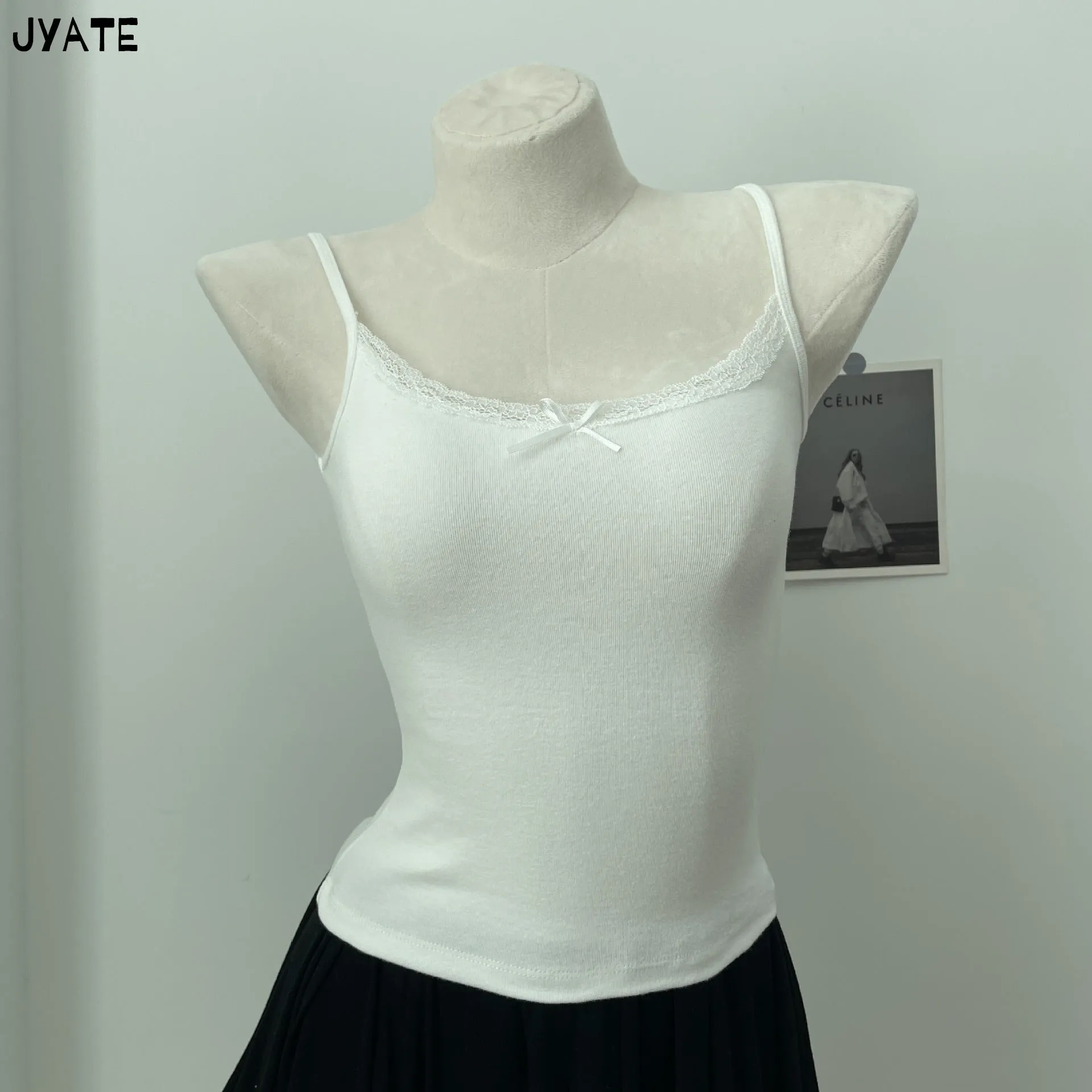 JazzHer Vintage Floral Print Eyelet Bow Cropped Vests Women Streetwear Casual Slim Lace Trim Camis Sweet Preppy Style Cute Tank Tops Y2K