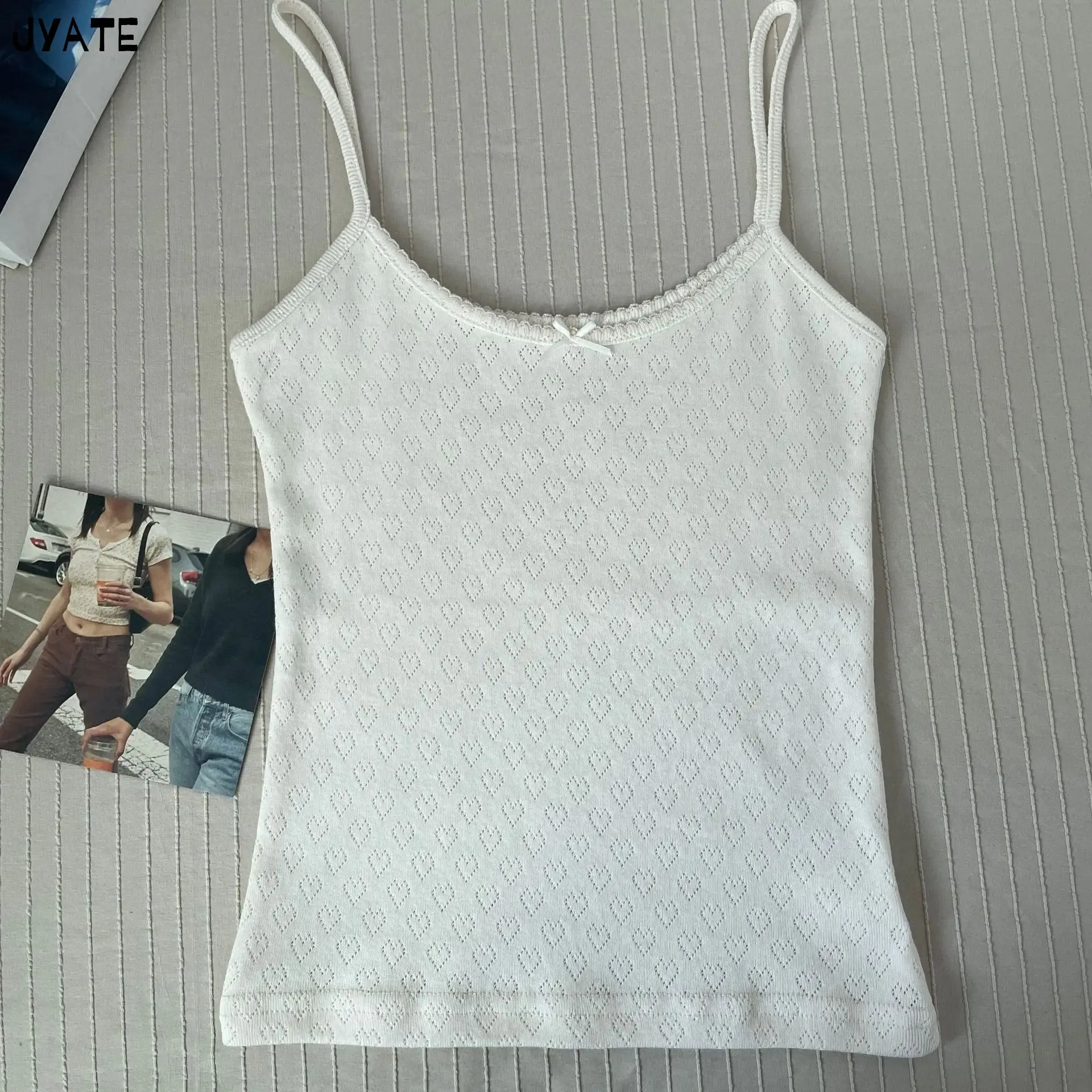 JazzHer Vintage Floral Print Eyelet Bow Cropped Vests Women Streetwear Casual Slim Lace Trim Camis Sweet Preppy Style Cute Tank Tops Y2K